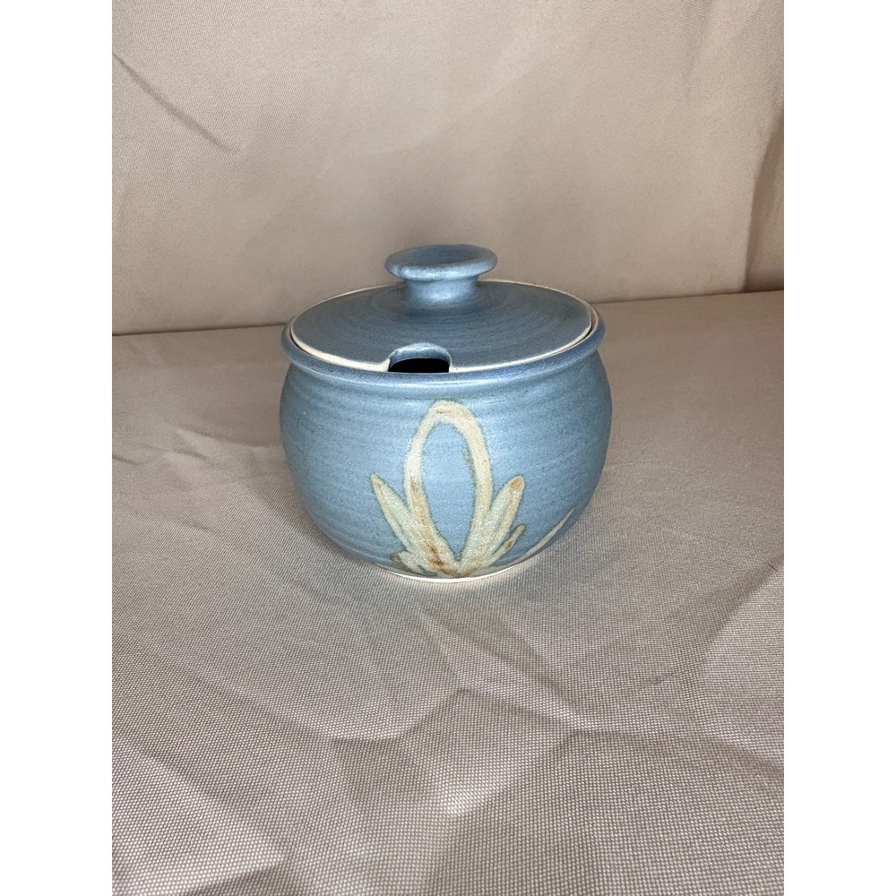 Handmade Studio Pottery Blue Lidded Sugar Bowl Honey Pot with Spoon Notch